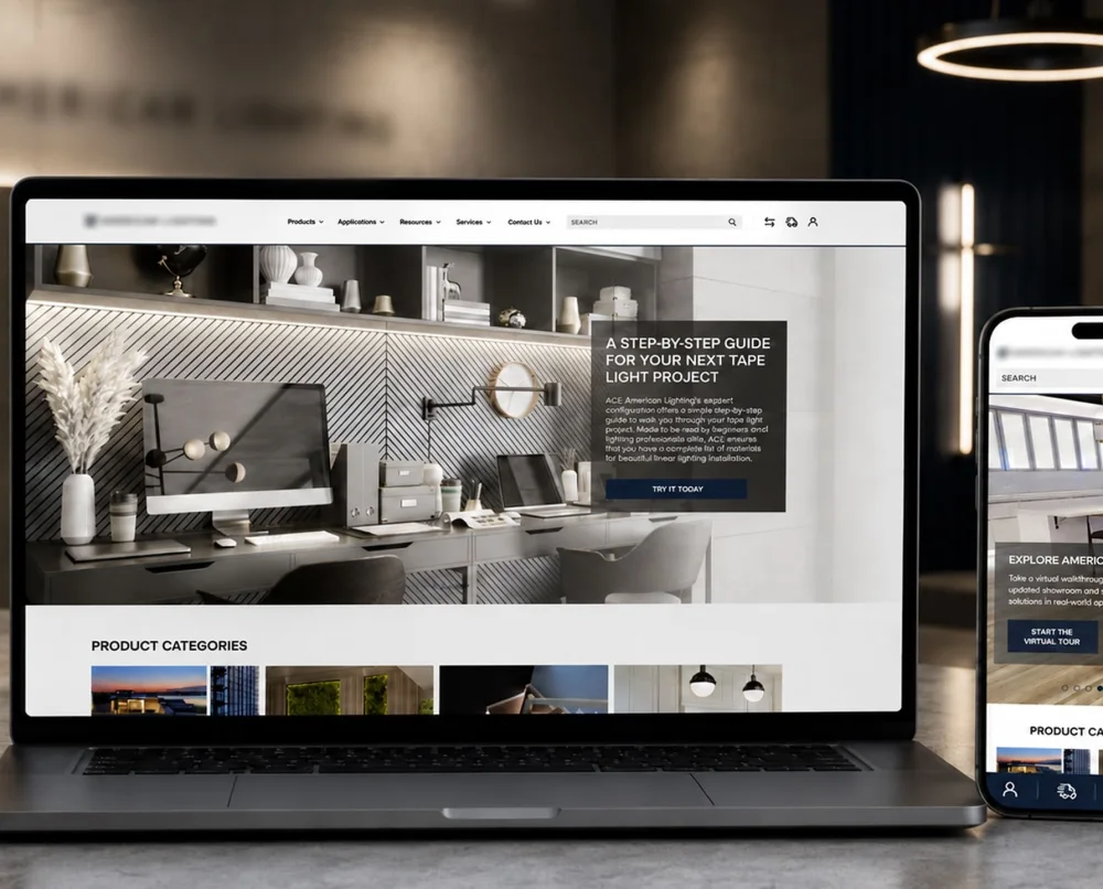 Case study card for the American Lighting purchase order automation build, where agentic AI reads orders and creates validated Adobe Commerce drafts