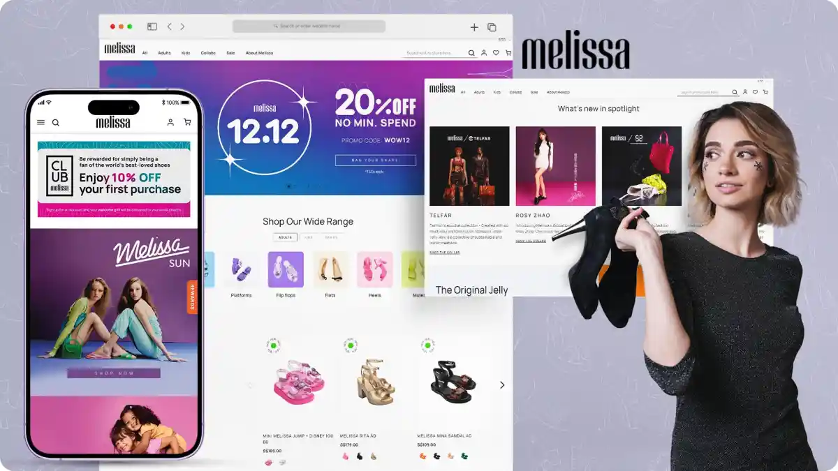 Melissa footwear storefront on desktop and mobile after six sites were consolidated onto one Adobe Commerce instance