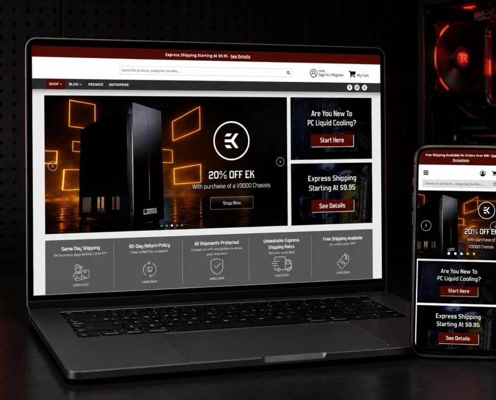 Titan Rig PC liquid cooling storefront on a laptop and phone, from the conversion rate optimisation programme Brainvire ran