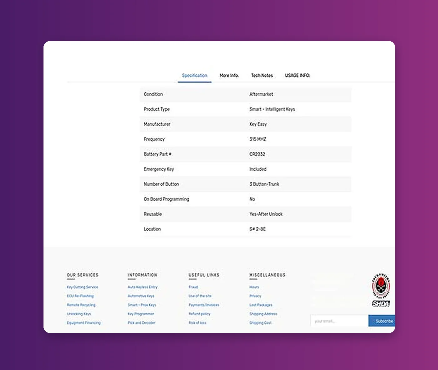 The client’s own live marketplace showing a car key product specification page