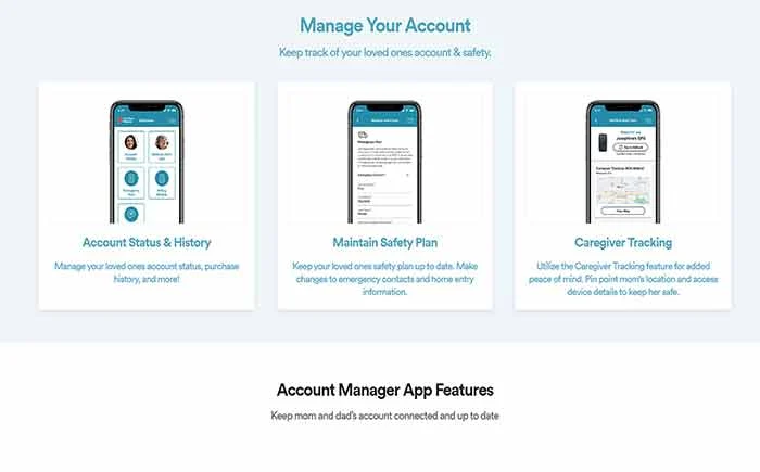 Bay Alarm Medical account manager screens for status, safety plan and caregiver tracking, the storefront now running on Odoo
