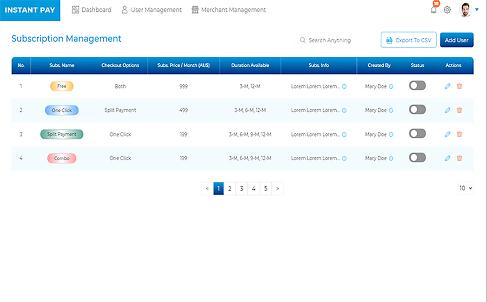 Instant Pay Platform delivered interface, screen 5