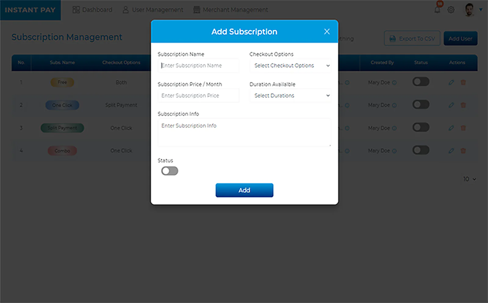 Instant Pay Platform delivered interface, screen 4
