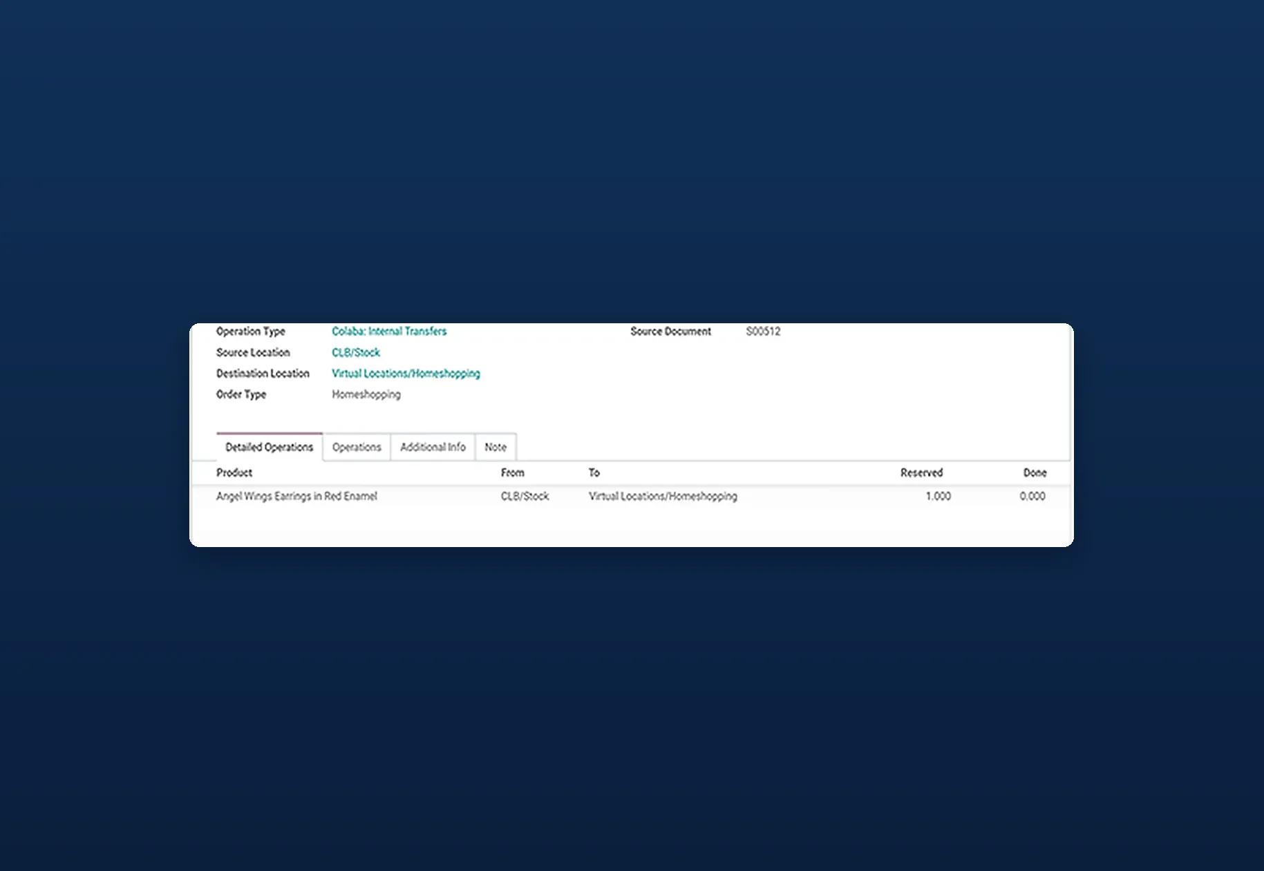 An Odoo internal transfer moving an item into a virtual Homeshopping location