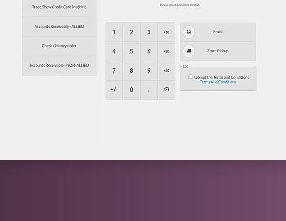 Payment step of the custom Odoo point-of-sale built for this supplier: the configured tender types, a trade-show card machine, check or money order and two accounts-receivable accounts, beside the amount keypad and the email-receipt and store-pickup buttons