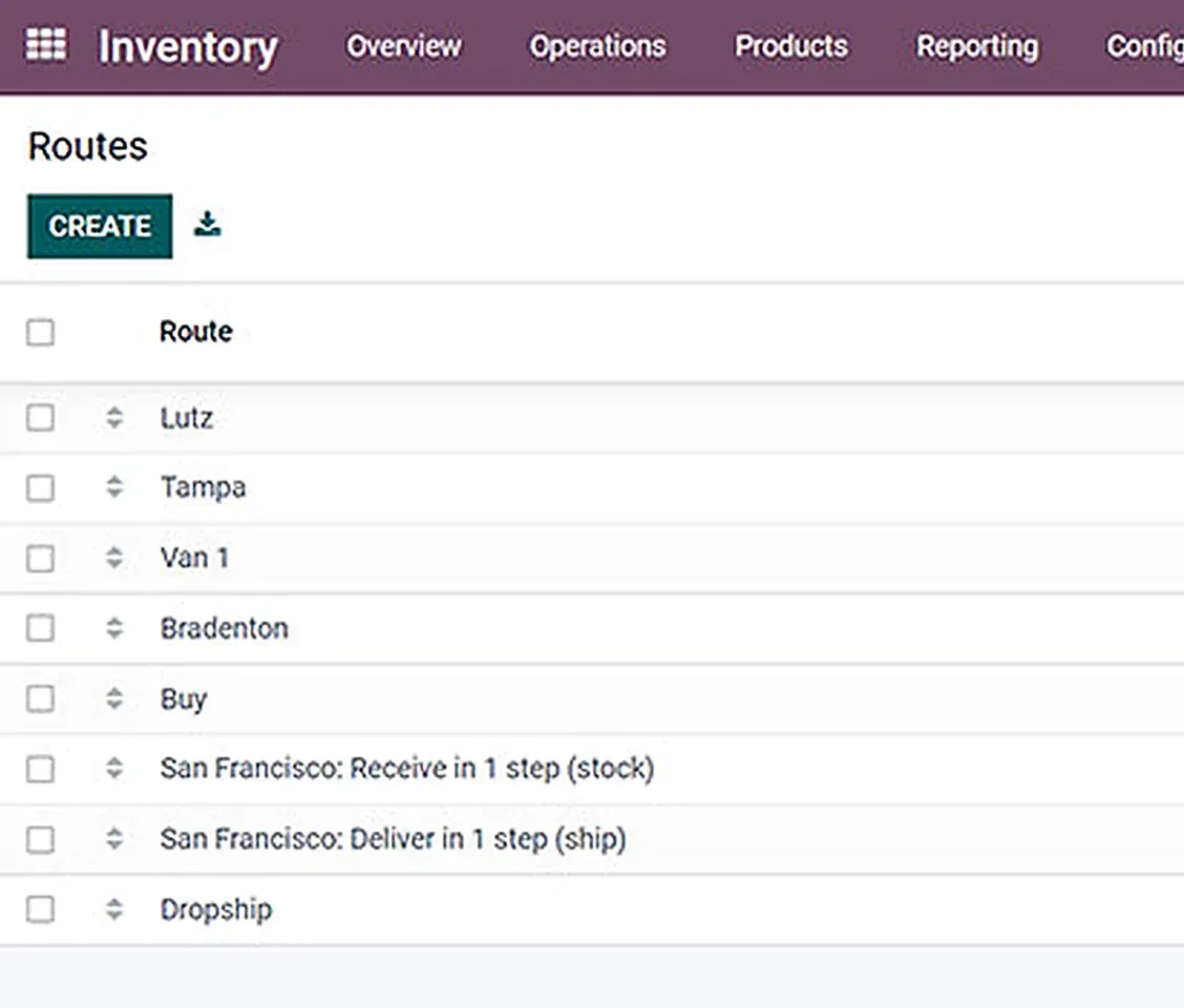 The Routes list in Odoo Inventory for the cutting-tools seller, showing the named delivery routes its orders are assigned to