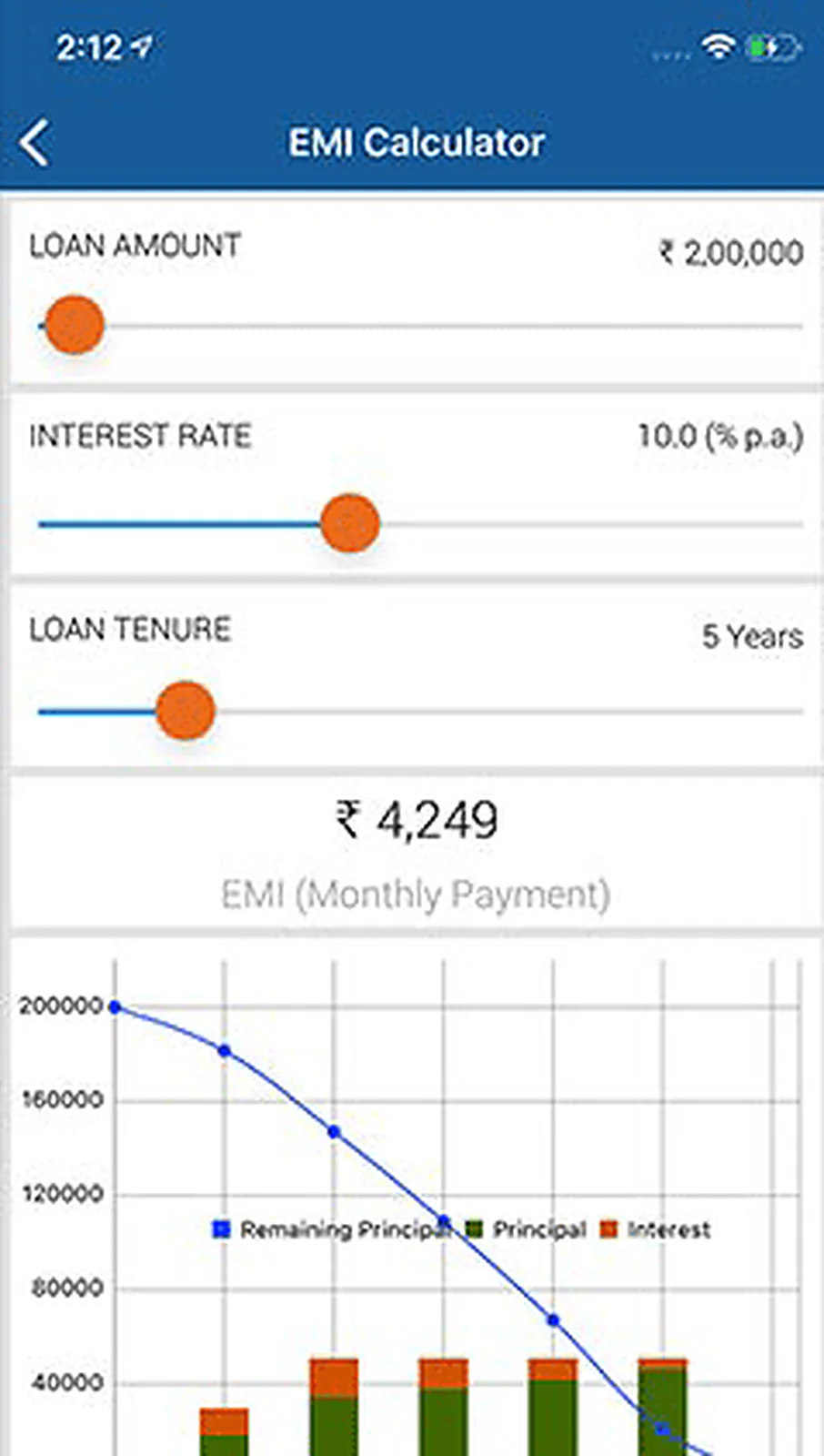 Financial Company App delivered interface, screen 1