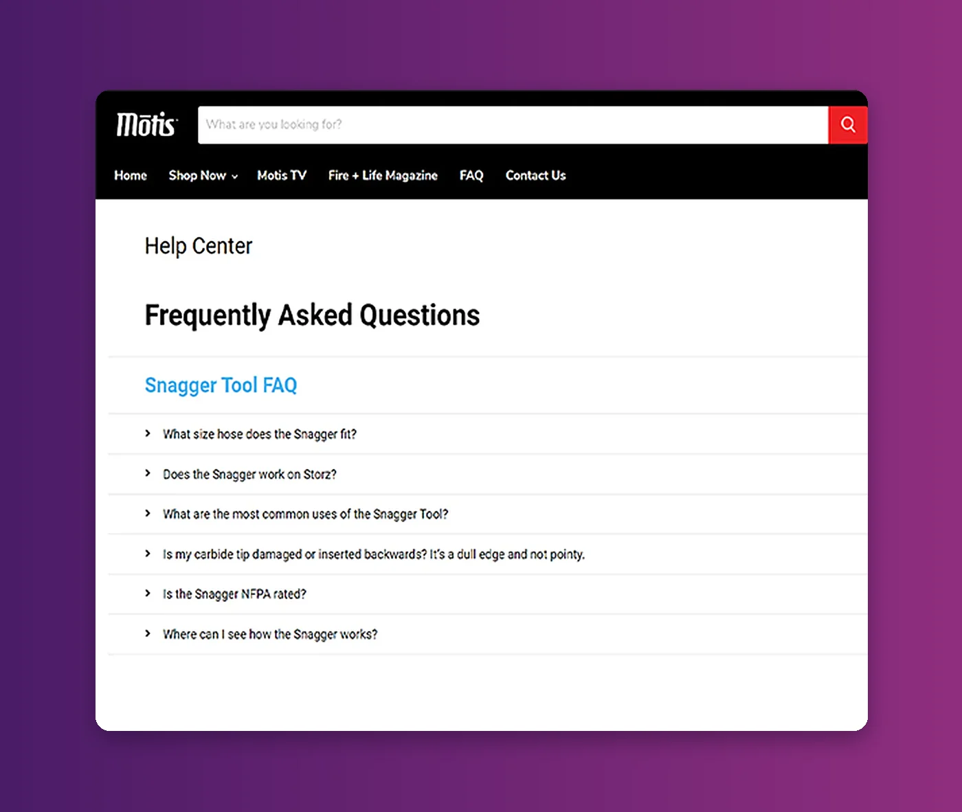 The client’s own live help center, listing product FAQs for its firefighter tool range