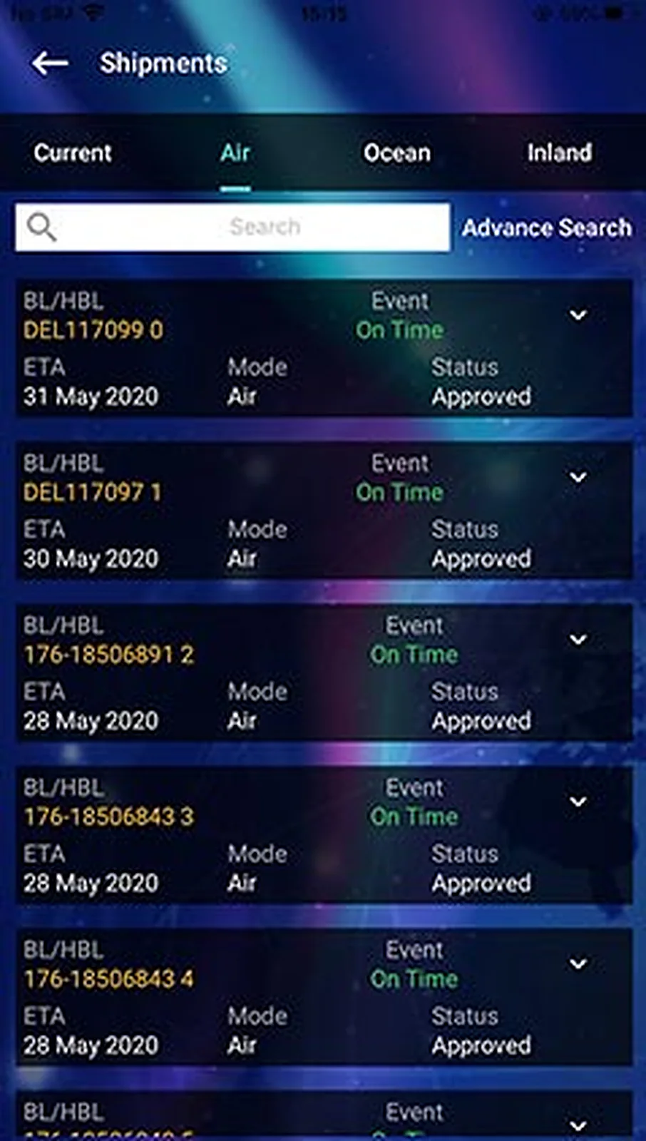 Freight Management App delivered interface, screen 1