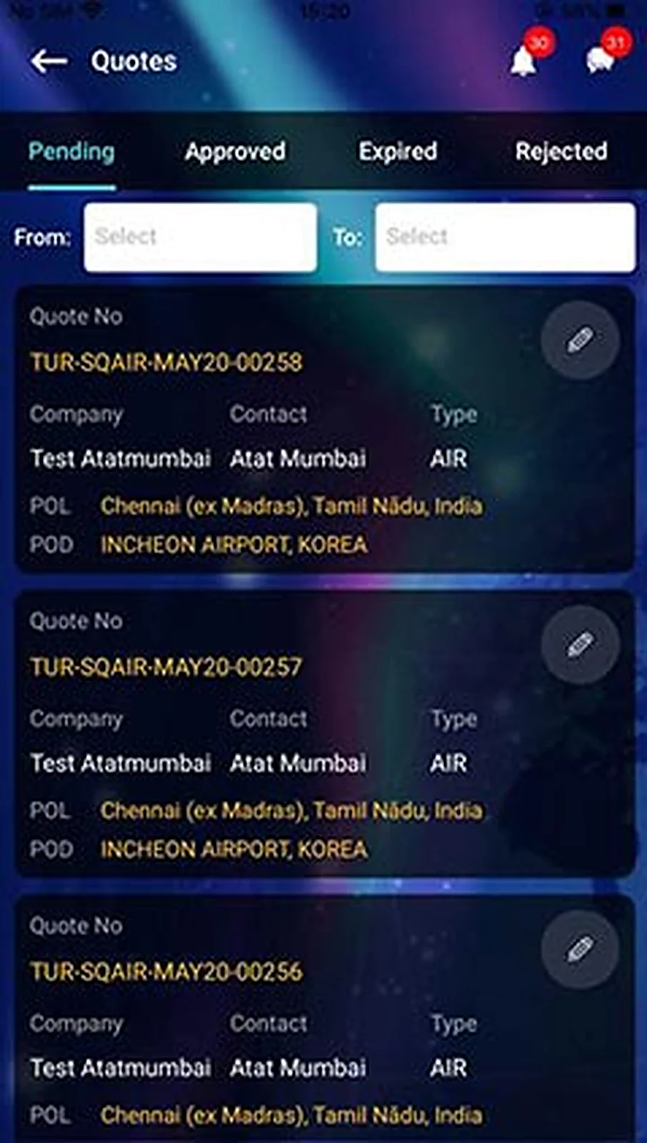 Freight Management App delivered interface, screen 3