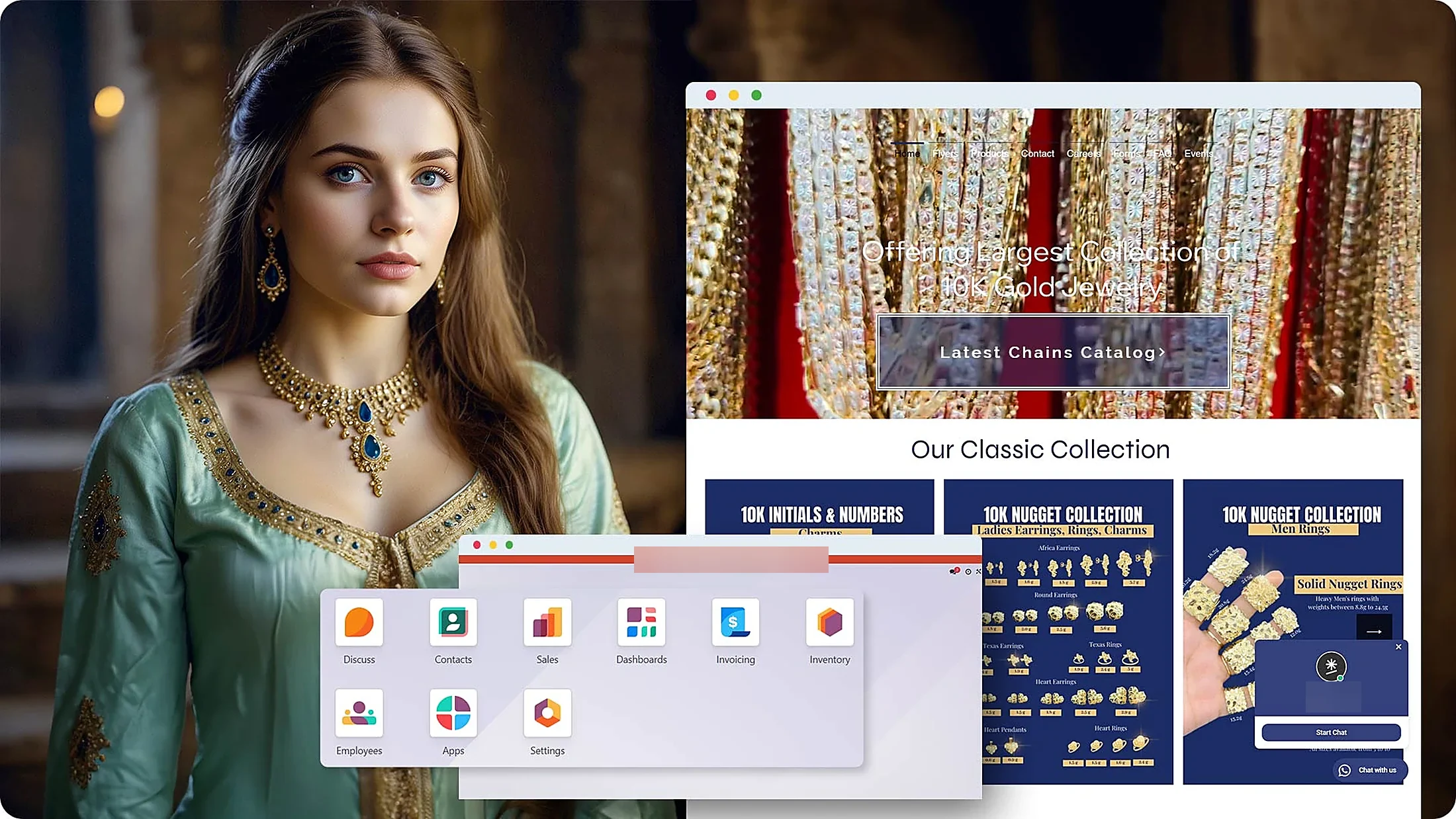 Odoo application menu and product catalog for a gold and diamond distributor