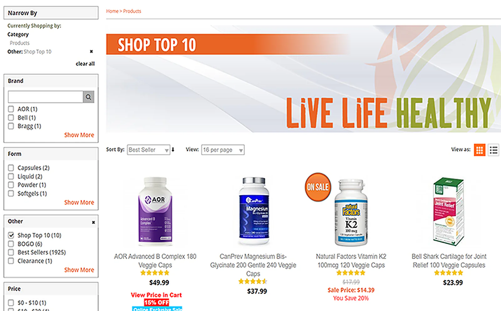 Health Products Store delivered interface, screen 2