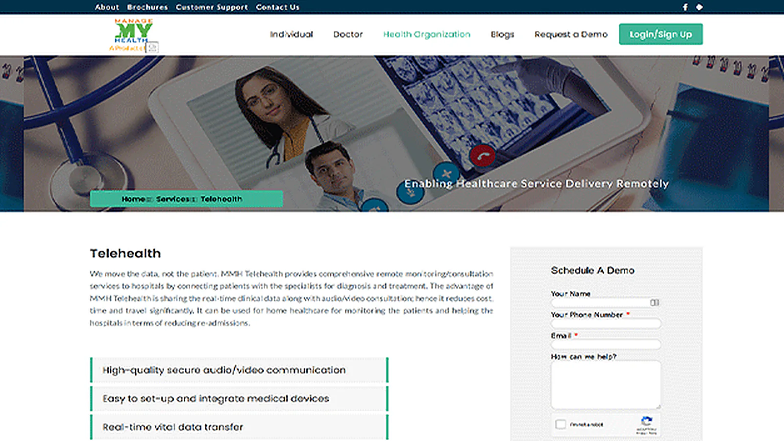 Telemedicine Solutions Provider delivered interface, screen 1