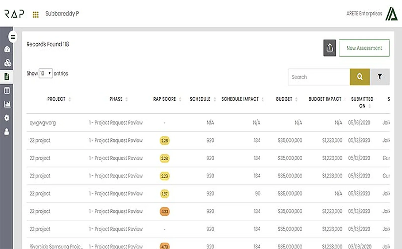 Risk Management App delivered interface, screen 2