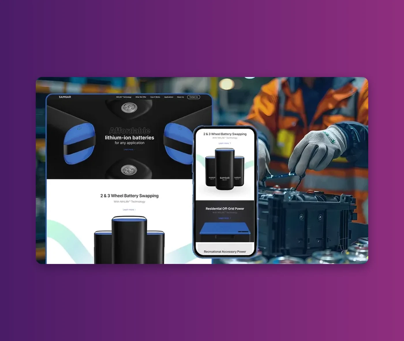 Samsar Resources battery-swapping website beside a technician servicing a battery pack