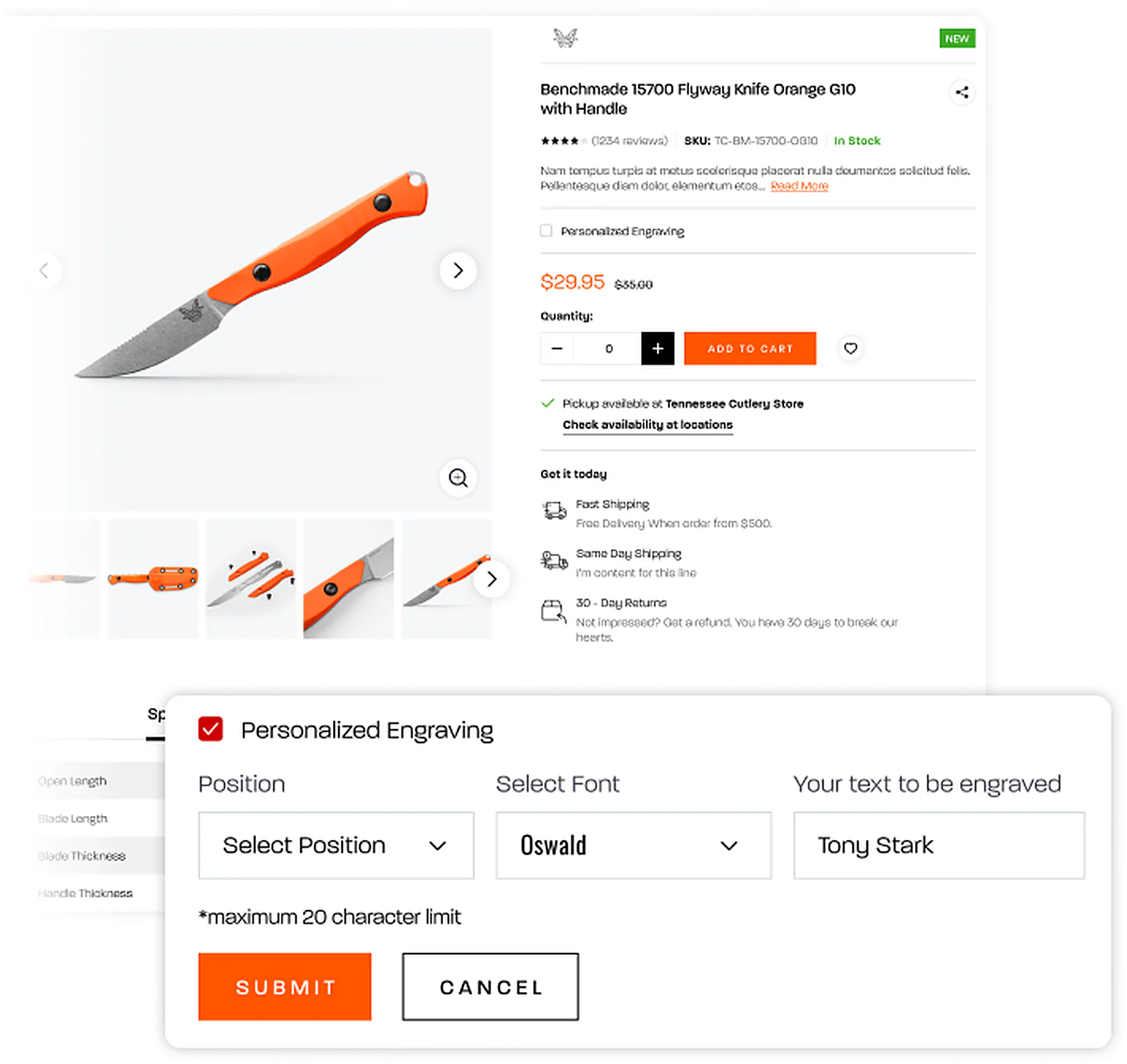 Tennessee Cutlery delivered interface, screen 3