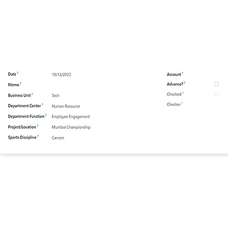 Cost-centre fields on a record in the Odoo build for the sports platform: Business Unit Tech, Department Center Human Resource, Department Function Employee Engagement, Project/Location Mumbai Championship and Sports Discipline Carrom, beside the Checked and Checker approval fields