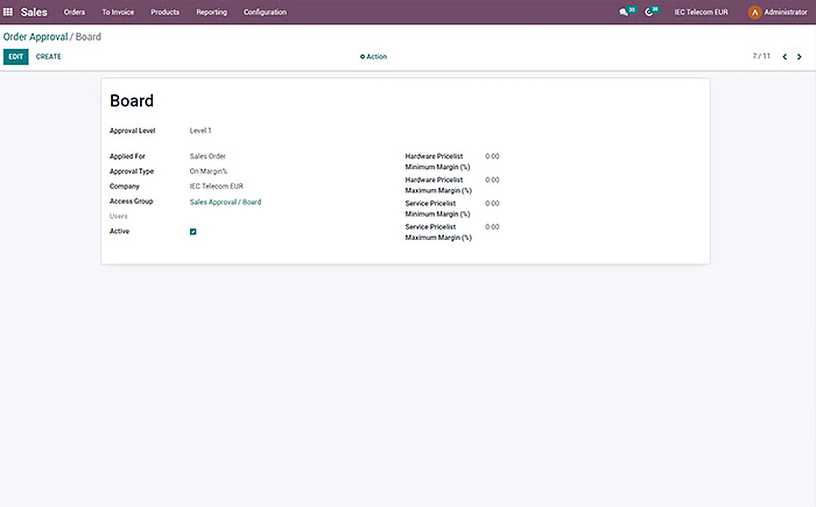 Odoo sales order approval board configured for IEC Telecom