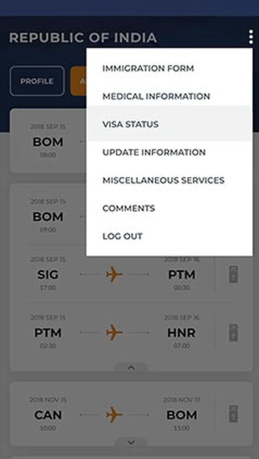 Travel Info App delivered interface, screen 1