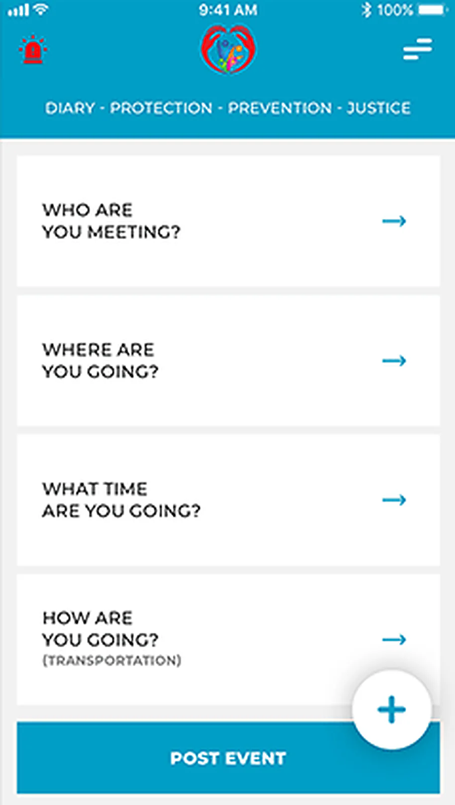 Travel Safety App delivered interface, screen 1