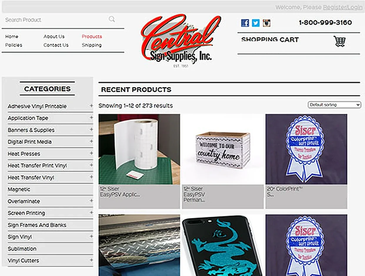 Central Sign Supplies&rsquo; own online store: the product category rail beside a Recent Products grid of 273 results, each variant carrying its own image