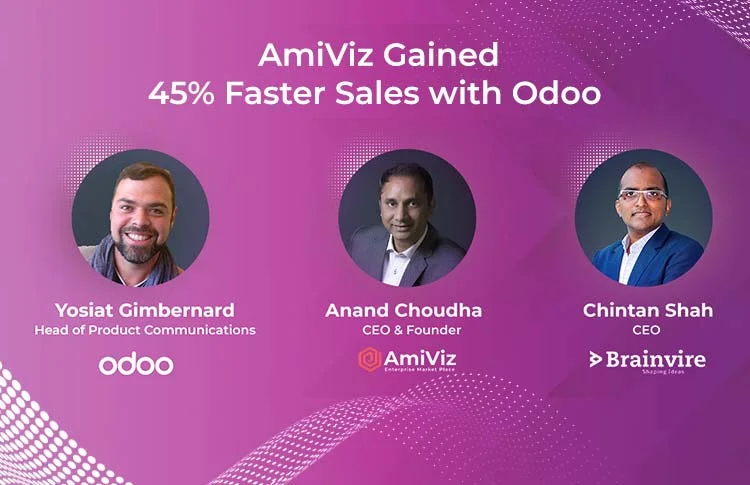 Session card for the AmiViz talk at Odoo Experience 2021, showing speakers Yosiat Gimbernard of Odoo, Anand Choudha of AmiViz and Chintan Shah of Brainvire