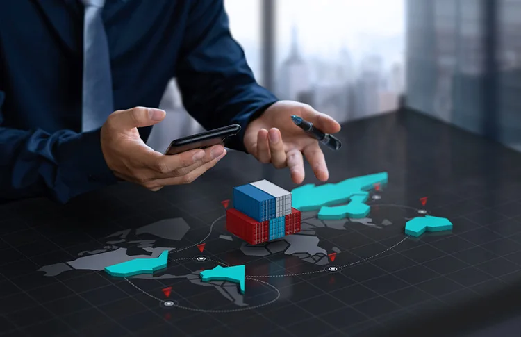 Logistics manager reviewing container shipments on a digital world map