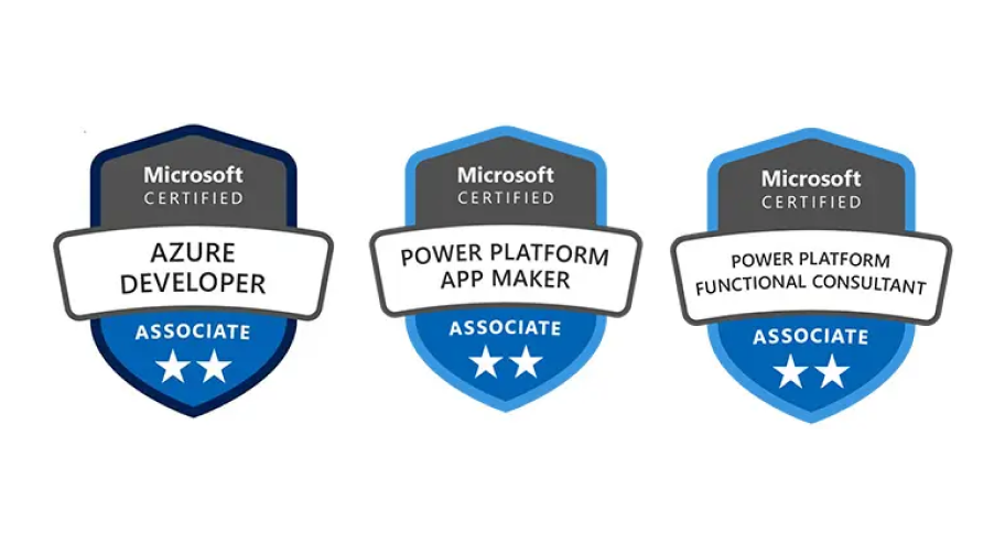 Microsoft Certified Azure Developer Associate, Power Platform App Maker Associate and Power Platform Functional Consultant Associate badges held by the Brainvire Microsoft team